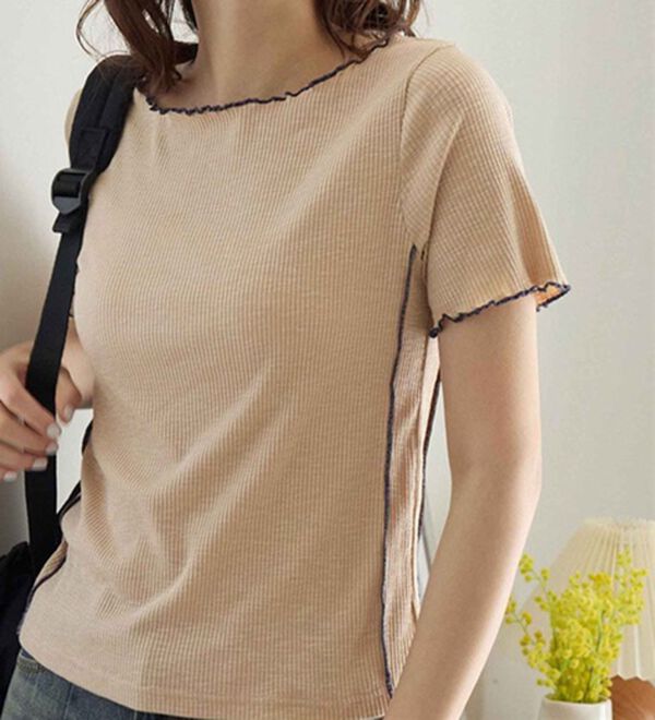 CHAN ME（チャンミ）の「配色ボートネックメロートップス（Tシャツ）」｜詳細画像