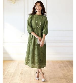 BELLUNA（ベルーナ）の「ジャカードレース素材ハイネックデザインワンピース（その他ワンピース）」｜オリーブ