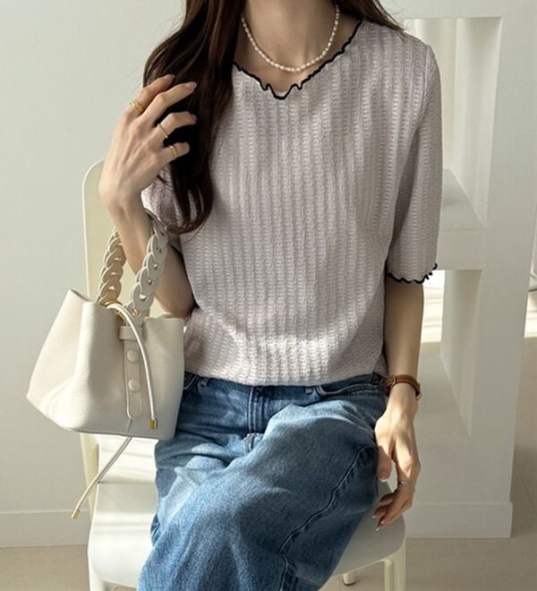 GeeRA（ジーラ）の「配色メロー５分袖表面感カットソー（カットソー）」｜詳細画像