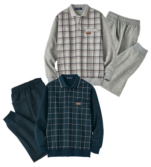 「【２着組】＜カルビア＞きちんと着られるポロ衿ホームスーツ（メンズルームウェア）」｜2着組