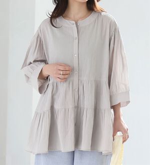 A HAPPY MARILYN（アハッピーマリリン）の「【Ｌ～６Ｌ】【風通るプレミアム】綿・楊柳七分袖ティアードブラウス（ブラウス）」｜ライトベージュ