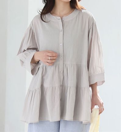 A HAPPY MARILYN（アハッピーマリリン）の「【Ｌ～６Ｌ】【風通るプレミアム】綿・楊柳七分袖ティアードブラウス（ブラウス）」