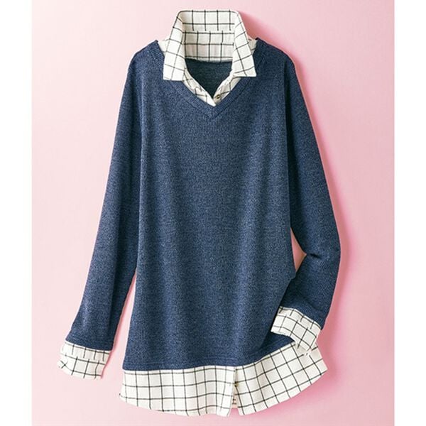 BELLUNA（ベルーナ）の「楽してお洒落シャツフェイクデザインチュニック（チュニック）」｜ネイビー