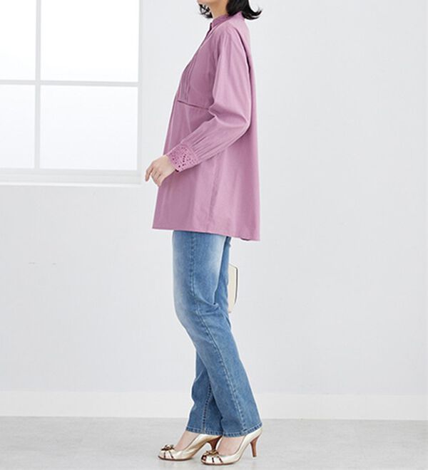 BELLUNA（ベルーナ）の「上品に着映える！衿＆袖レース切替シャツチュニック（チュニック）」｜詳細画像