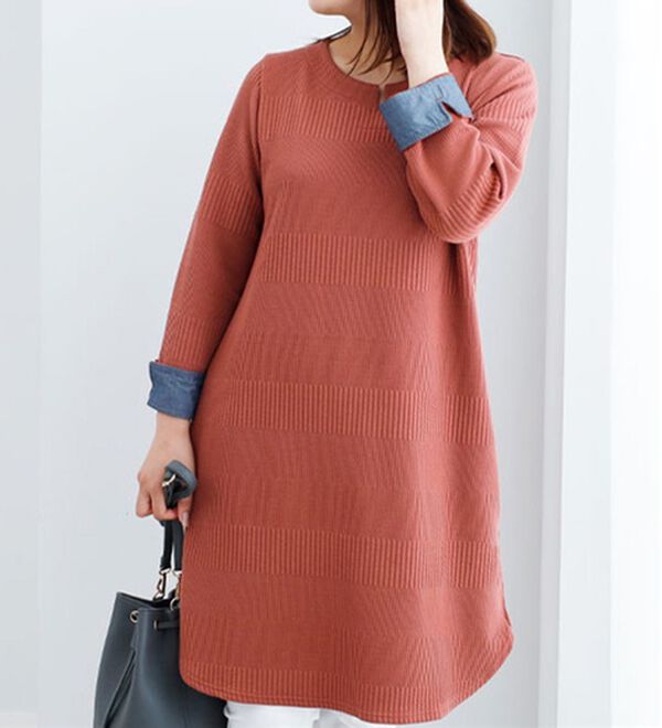 BELLUNA（ベルーナ）の「ボーダージャカード素材チュニックワンピース（チュニック）」｜コーラル