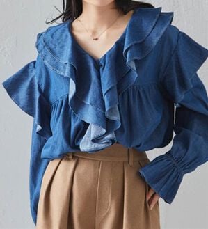 RANAN（ラナン）の「ビッグカラーフリルデニムブラウス（ブラウス）」｜ネイビー