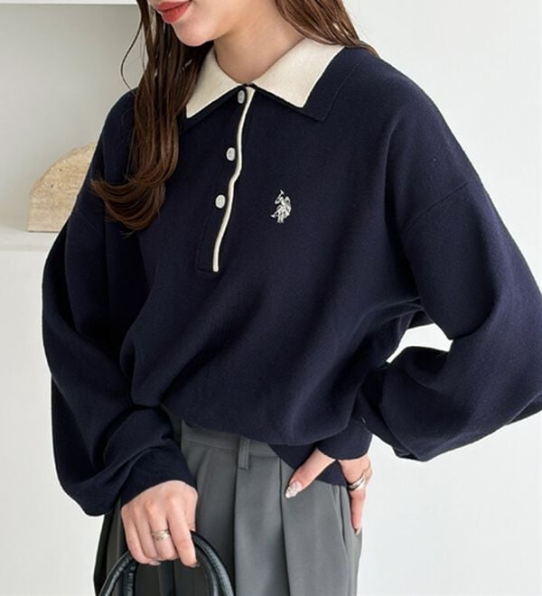 GeeRA（ジーラ）の「【Ｕ．Ｓ．ＰＯＬＯ　ＡＳＳＮ．】バイカラーポロ衿ニット（ニット・セーター）」｜詳細画像