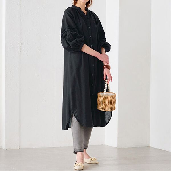 RANAN（ラナン）の「綿１００％袖タックチュニックワンピース（その他ワンピース）」｜ブラック