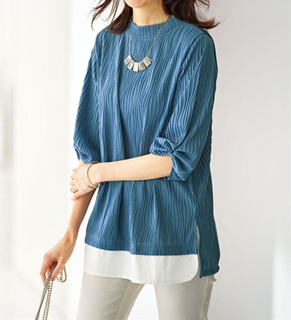 BELLUNA（ベルーナ）の「裾切替波柄ジャカード素材プルオーバー（カットソー）」｜ブルー