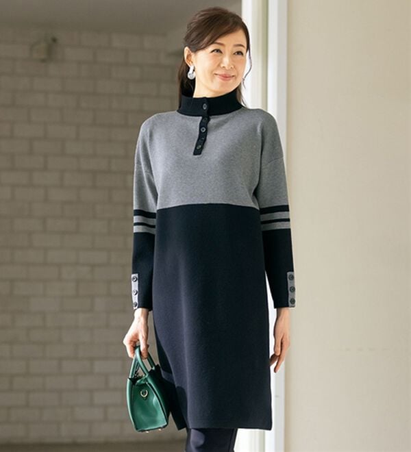 ルフラン（ルフラン）の「配色切替ロング丈ニットチュニック＜ミリッサ＞（ニットワンピース）」｜杢グレー