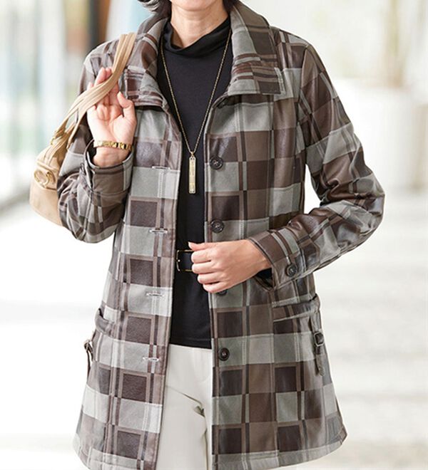 BELLUNA（ベルーナ）の「スエード調素材チェック柄コート（ハーフコート）」｜詳細画像