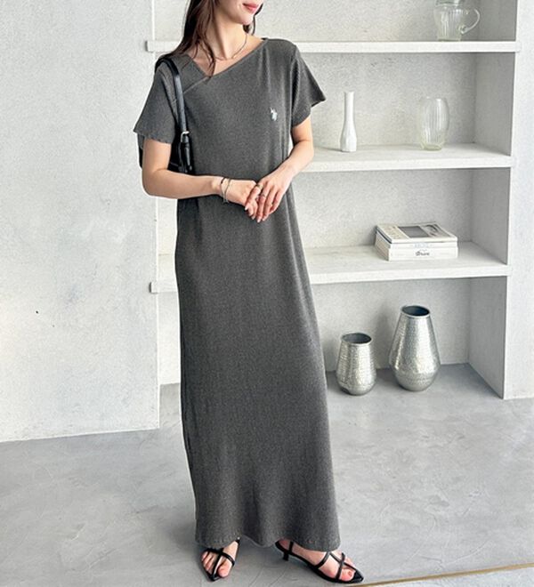 GeeRA（ジーラ）の「【ＵＳ．ＰＯＬＯ．ＡＳＳＮ】アシメネックリブカットソーワンピース（その他ワンピース）」｜チャコール