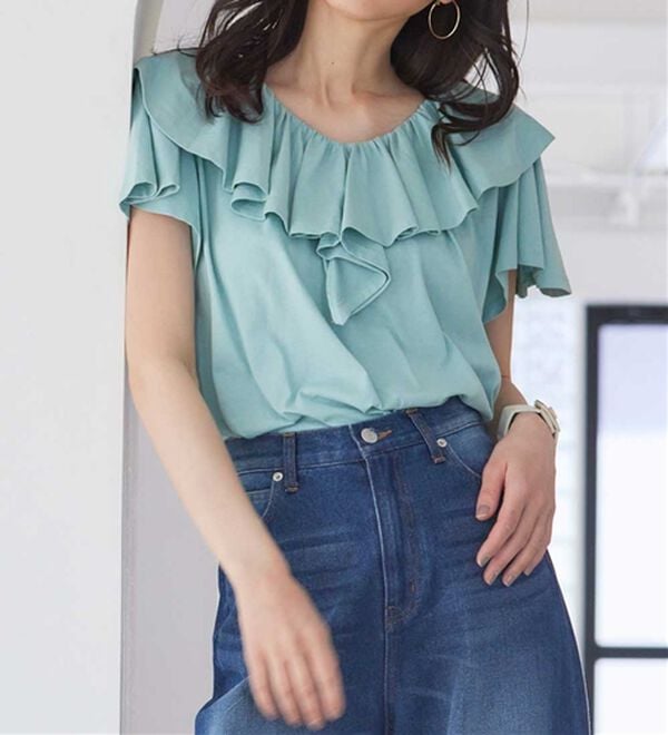 RANAN（ラナン）の「ひんやり！綿１００％フリル衿カットソープルオーバー（カットソー）」｜詳細画像