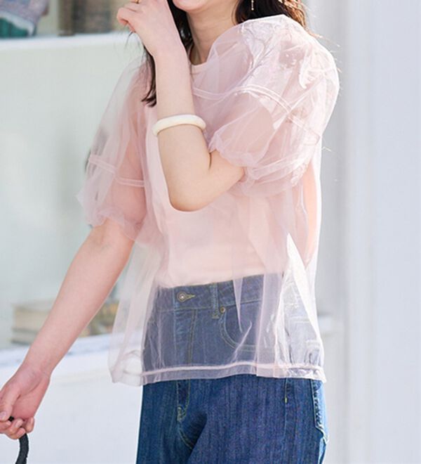 RANAN（ラナン）の「【ひんやり】チュールレイヤードパフスリーブTシャツ（カットソー）」｜詳細画像