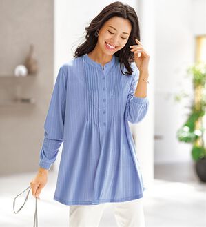 BELLUNA（ベルーナ）の「シワが目立ちにくい！ピンタック使いシャツチュニック（チュニック）」｜ブルー系ストライプ