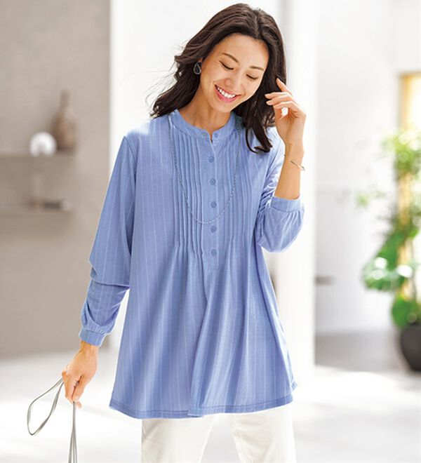BELLUNA（ベルーナ）の「シワが目立ちにくい！ピンタック使いシャツチュニック（チュニック）」｜ブルー系ストライプ