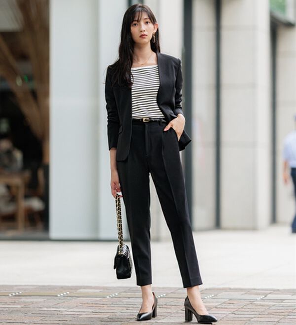 GeeRA（ジーラ）の「【ジャケット+パンツ】洗濯機で洗えるのびのび！ストレッチカットソーセットアップスーツ（パンツスーツ）」｜詳細画像