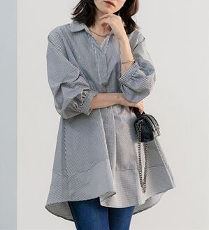 BELLUNA（ベルーナ）の「麻調素材袖タックデザインシャツチュニック（チュニック）」｜ストライプ