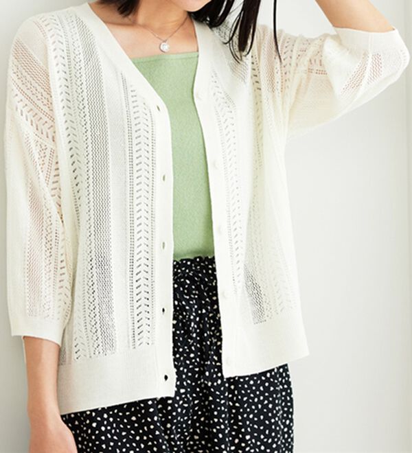 BELLUNA（ベルーナ）の「麻タッチ透かし編５分袖ニットカーディガン（ニットカーディガン）」｜オフ白