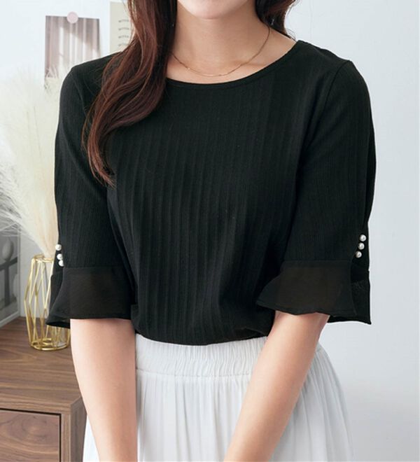 alotta（アロッタ）の「パール調ボタン付テレコリブトップス（カットソー）」｜ブラック