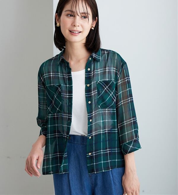 BELLUNA（ベルーナ）の「シフォン楊柳チェック柄プリントシャツ（シャツ）」｜詳細画像