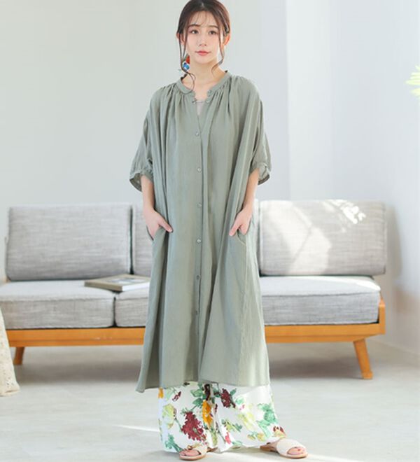 A HAPPY MARILYN（アハッピーマリリン）の「【Ｌ～６Ｌ】【風通るプレミアム】綿１００％ 楊柳 五分袖 ギャザーたっぷりワンピース（カットソーワンピース）」｜詳細画像