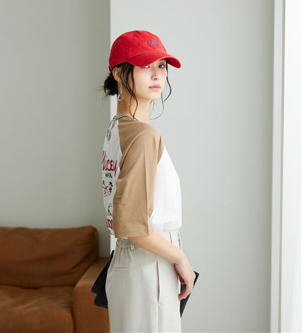 Disney＞【ミッキー】バックプリント7分丈ラグランTシャツ