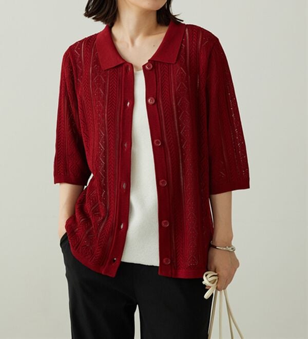 BELLUNA（ベルーナ）の「衿付き透かし編みニットカーディガン（ニットカーディガン）」｜詳細画像