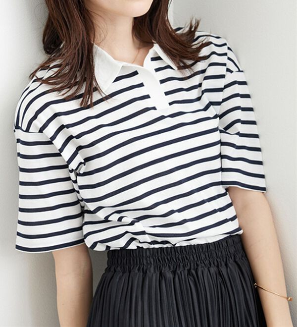 BELLUNA（ベルーナ）の「ボーダー柄スキッパーポロシャツ（カットソー）」｜詳細画像