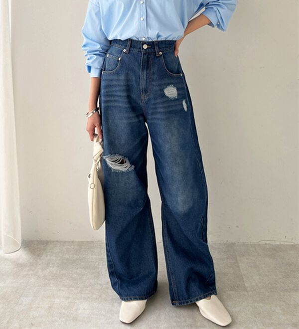 GeeRA（ジーラ）の「ダメージカーブデニムパンツ（フルレングスパンツ）」｜詳細画像