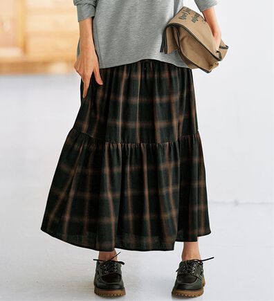 BELLUNA（ベルーナ）の「綿１００％チェック柄ティアードスカート（ロングスカート）」