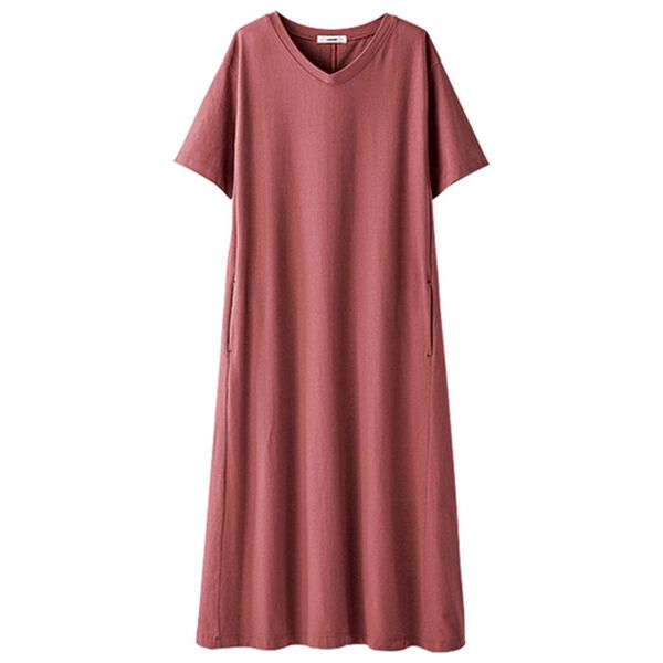 BELLUNA（ベルーナ）の「綿１００％素材ポケット付ロング丈ワンピース（カットソーワンピース）」｜コーラル