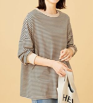 BELLUNA（ベルーナ）の「ゆったり体型カバー！ボーダープルオーバー（カットソー）」｜ベージュ&times;黒