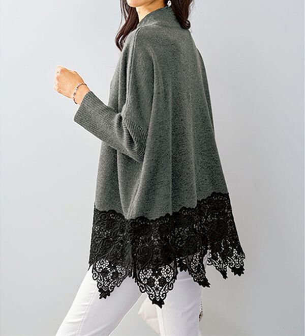 BELLUNA（ベルーナ）の「裾レース切替ポンチョ風ニットチュニック（チュニック）」｜杢グレー