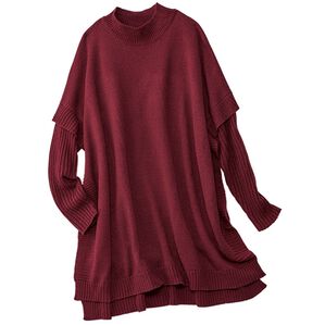 BELLUNA（ベルーナ）の「ワイドシルエット重ね着風ニットチュニック（チュニック）」｜ワイン