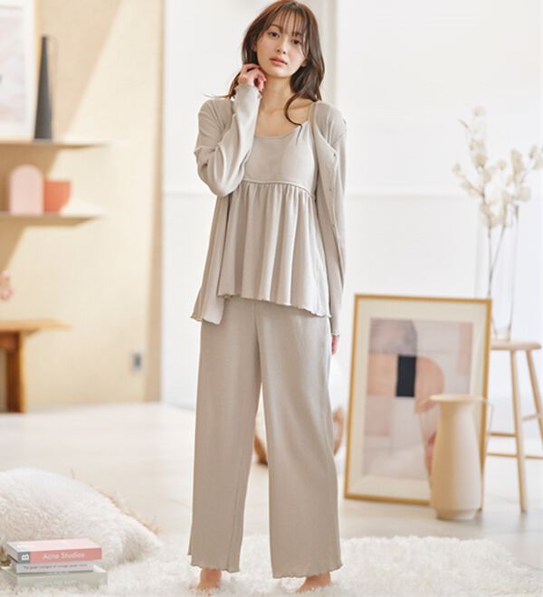 YU'NOW（ユナウ）の「【３点セット】カップ付ワッフルキャミソールルームウェアセット（パジャマ・ルームウェア）」｜詳細画像