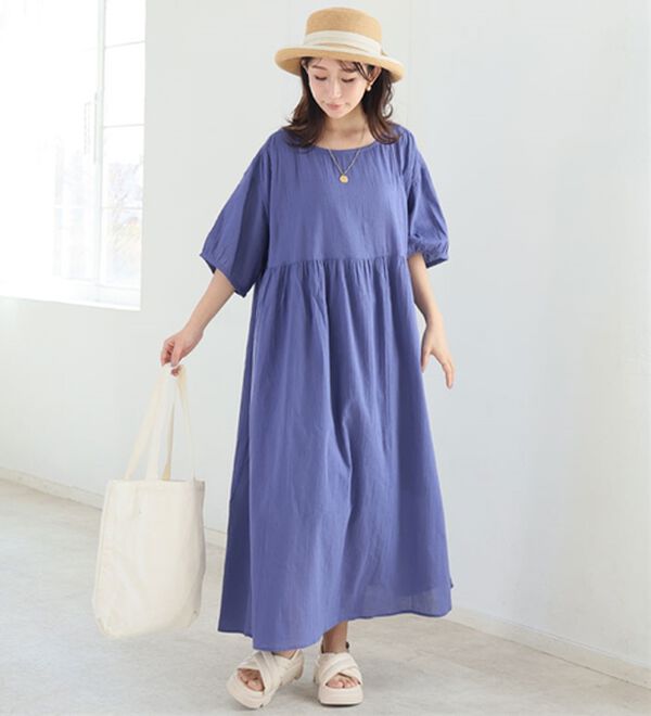 A HAPPY MARILYN（アハッピーマリリン）の「【Ｌ～６Ｌ】【風通るプレミアム】綿・楊柳、五分袖ウエスト切替ワンピース。（ロングワンピース）」｜詳細画像