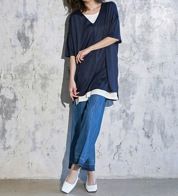 RANAN（ラナン）の「レイヤード風ニットソー半袖チュニック（チュニック）」｜詳細画像