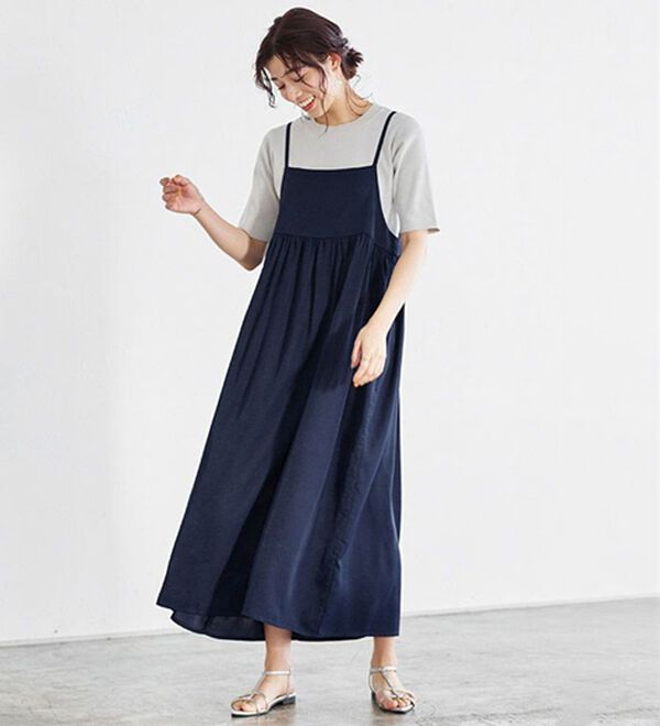 Pierrot（ピエロ）の「【選べる丈】前後２ｗａｙギャザー切り替えキャミワンピース（カットソーワンピース）」｜詳細画像