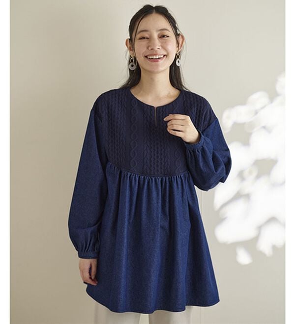 BELLUNA（ベルーナ）の「【２枚組】ケーブルジャカードデニム切替チュニック（チュニック）」｜詳細画像