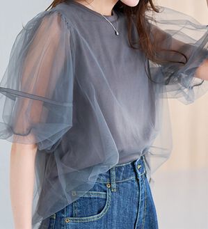 RANAN（ラナン）の「【ひんやり】チュールレイヤードパフスリーブTシャツ（カットソー）」｜詳細画像