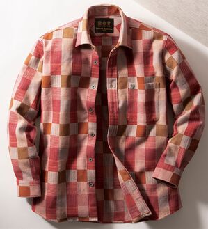 「＜キンロック＞日本製　パッチワークふわふわ起毛シャツ（メンズシャツ）」｜アカ系