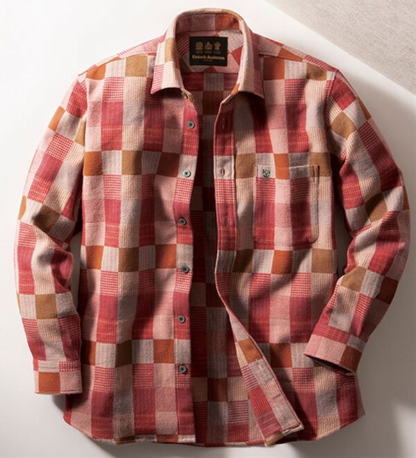 「＜キンロック＞日本製　パッチワークふわふわ起毛シャツ（メンズシャツ）」｜アカ系