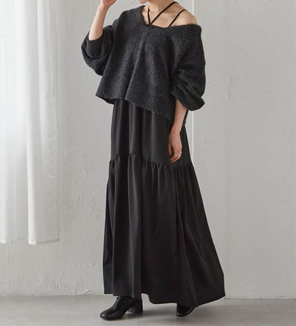 RANAN（ラナン）の「シャギーニット&times;キャミワンピースセット（その他ワンピース）」｜チャコール／ブラック