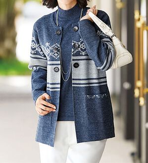 BELLUNA（ベルーナ）の「ボタン使いジャカードニットジャケットアンサンブル（アンサンブル）」｜杢インディゴ系