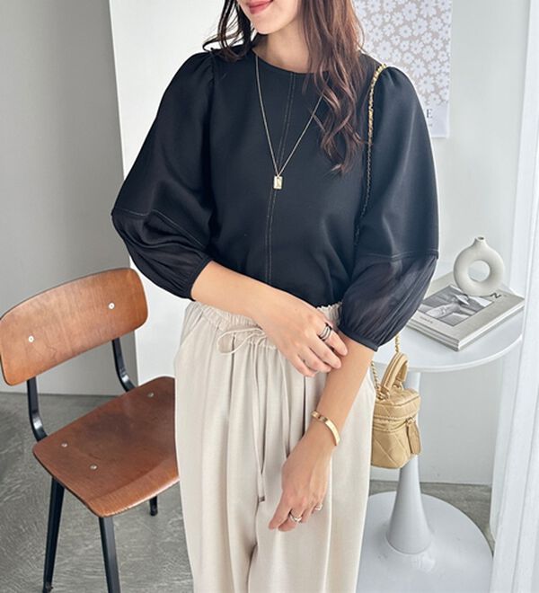 GeeRA（ジーラ）の「袖シアー切替ランタンスリーブトップス（カットソー）」｜詳細画像