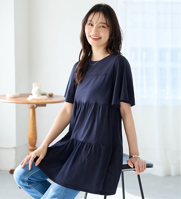 alotta（アロッタ）の「楽に可愛く！ふんわり綿混ティアードチュニック（チュニック）」｜ネイビー