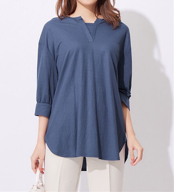 alotta（アロッタ）の「【接触冷感】６分袖衿フェイク裾ラウンドチュニック（チュニック）」｜詳細画像