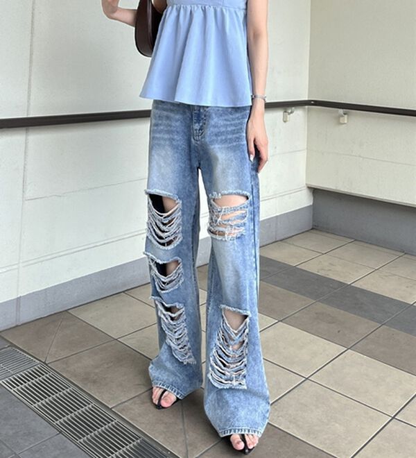 GeeRA（ジーラ）の「オリジナルパットダメージワイドデニム（ワイドパンツ・ガウチョ）」｜詳細画像