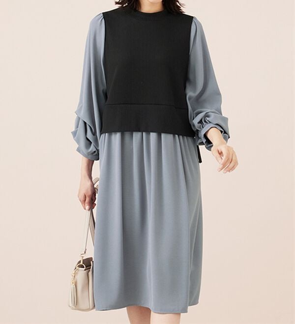 BELLUNA（ベルーナ）の「袖タックデザイン異素材切替ワンピース（その他ワンピース）」｜詳細画像